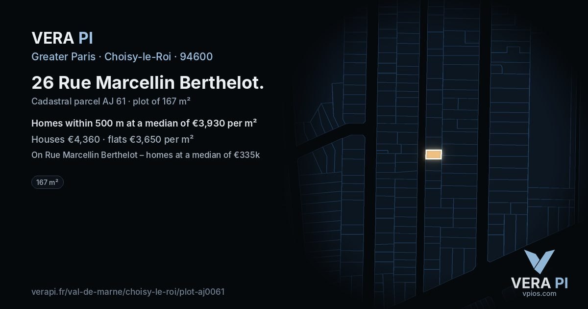 26 Rue Marcellin Berthelot, Choisy-le-Roi at night – the plot lit, the parcels around coloured by the prices near them