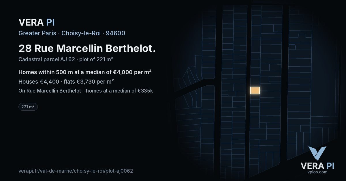 28 Rue Marcellin Berthelot, Choisy-le-Roi at night – the plot lit, the parcels around coloured by the prices near them
