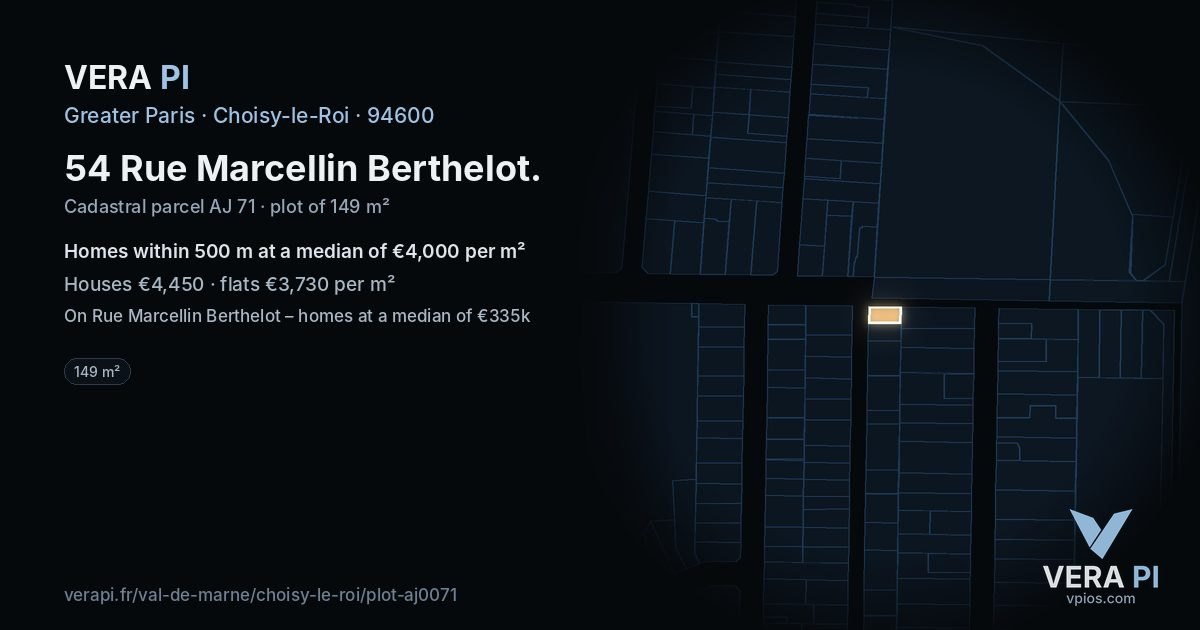 54 Rue Marcellin Berthelot, Choisy-le-Roi at night – the plot lit, the parcels around coloured by the prices near them