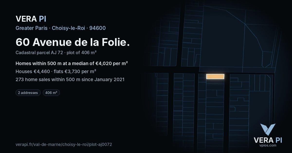 60 Avenue de la Folie, Choisy-le-Roi at night – the plot lit, the parcels around coloured by the prices near them