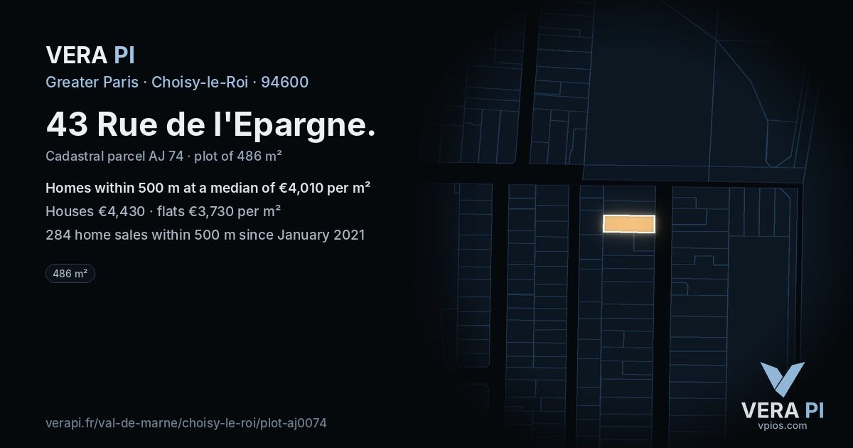 43 Rue de l'Epargne, Choisy-le-Roi at night – the plot lit, the parcels around coloured by the prices near them
