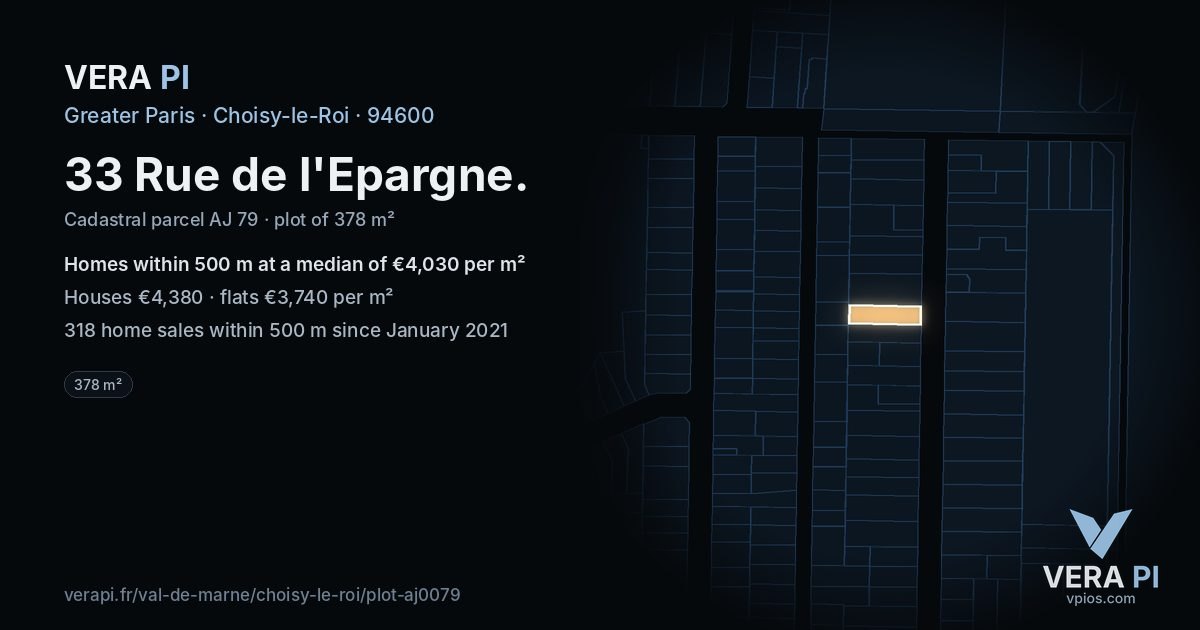 33 Rue de l'Epargne, Choisy-le-Roi at night – the plot lit, the parcels around coloured by the prices near them