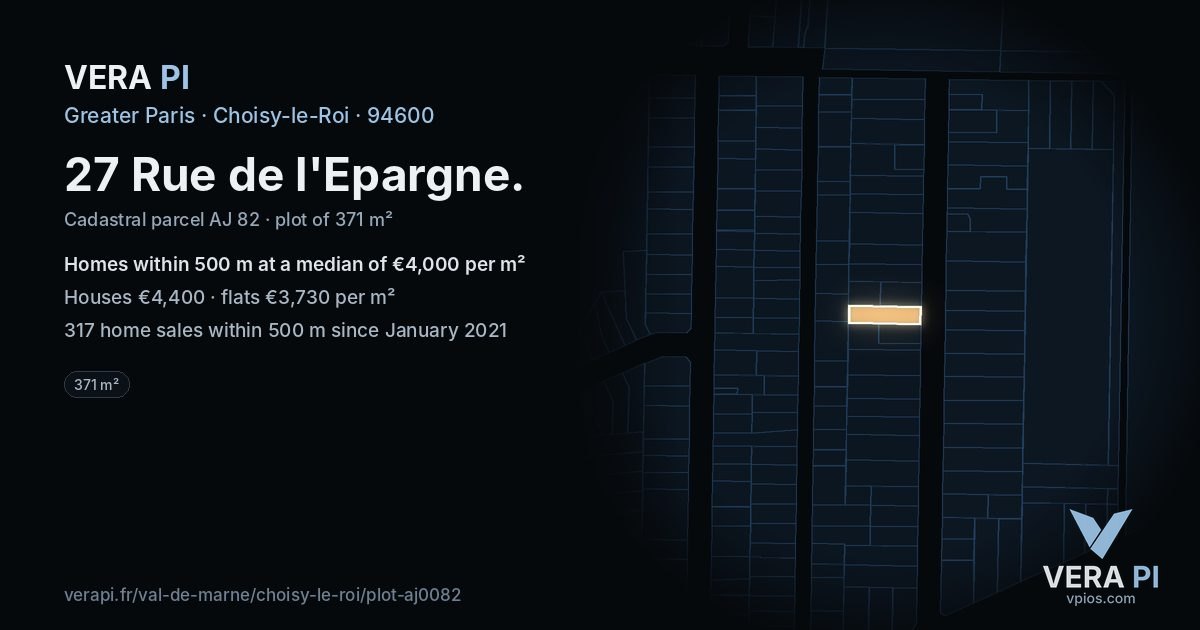 27 Rue de l'Epargne, Choisy-le-Roi at night – the plot lit, the parcels around coloured by the prices near them