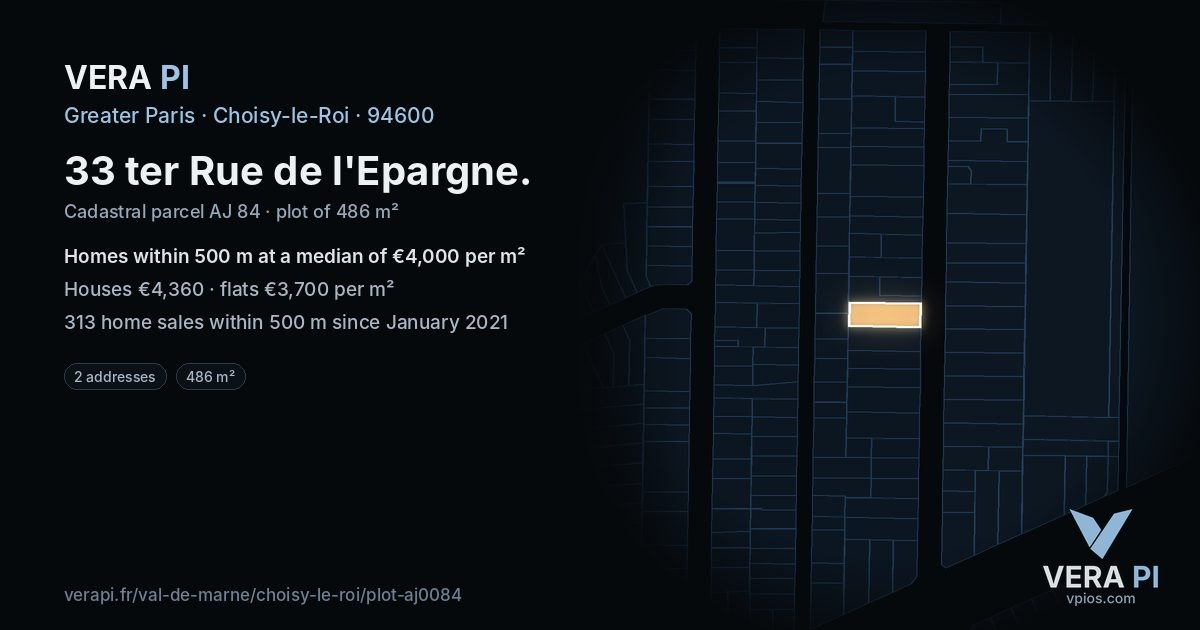 33 ter Rue de l'Epargne, Choisy-le-Roi at night – the plot lit, the parcels around coloured by the prices near them