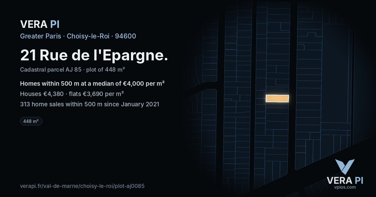 21 Rue de l'Epargne, Choisy-le-Roi at night – the plot lit, the parcels around coloured by the prices near them