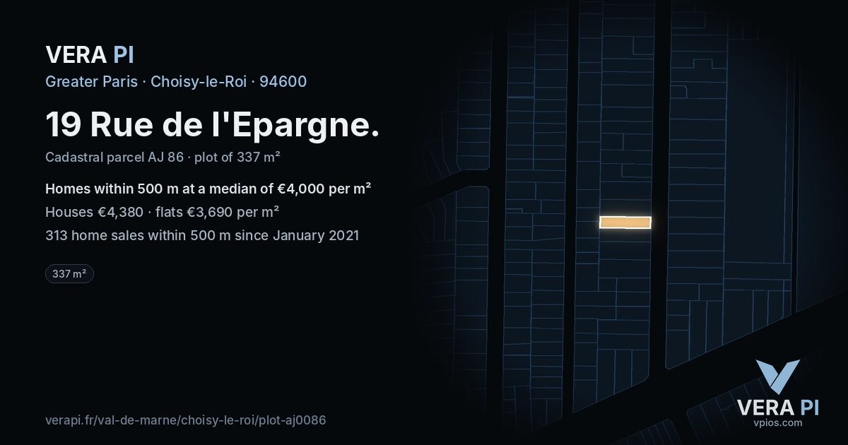 19 Rue de l'Epargne, Choisy-le-Roi at night – the plot lit, the parcels around coloured by the prices near them