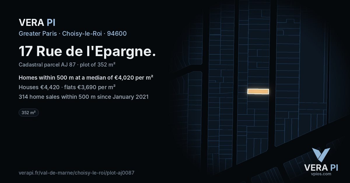 17 Rue de l'Epargne, Choisy-le-Roi at night – the plot lit, the parcels around coloured by the prices near them