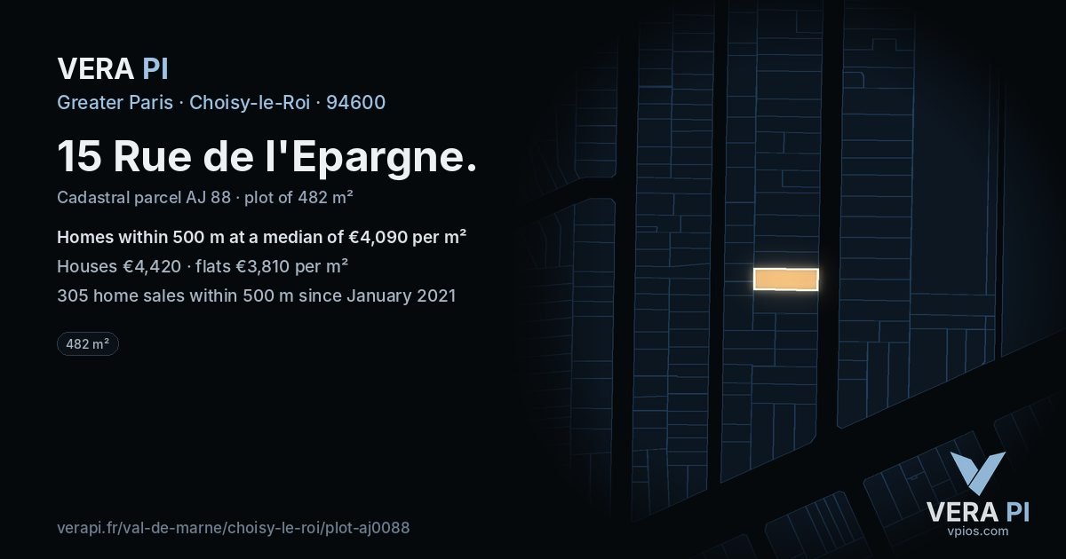 15 Rue de l'Epargne, Choisy-le-Roi at night – the plot lit, the parcels around coloured by the prices near them