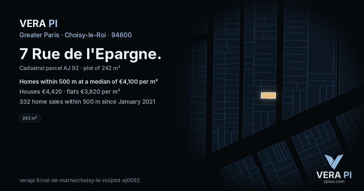 7 Rue de l'Epargne, Choisy-le-Roi at night – the plot lit, the parcels around coloured by the prices near them