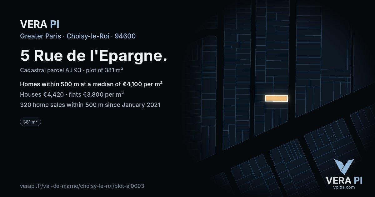 5 Rue de l'Epargne, Choisy-le-Roi at night – the plot lit, the parcels around coloured by the prices near them
