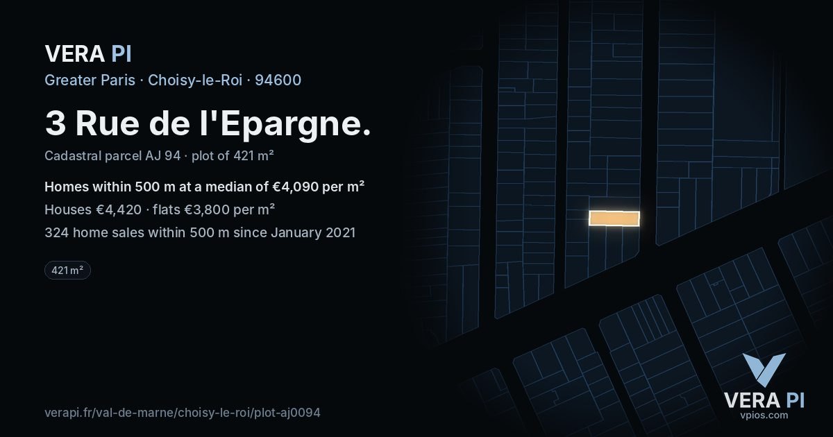 3 Rue de l'Epargne, Choisy-le-Roi at night – the plot lit, the parcels around coloured by the prices near them