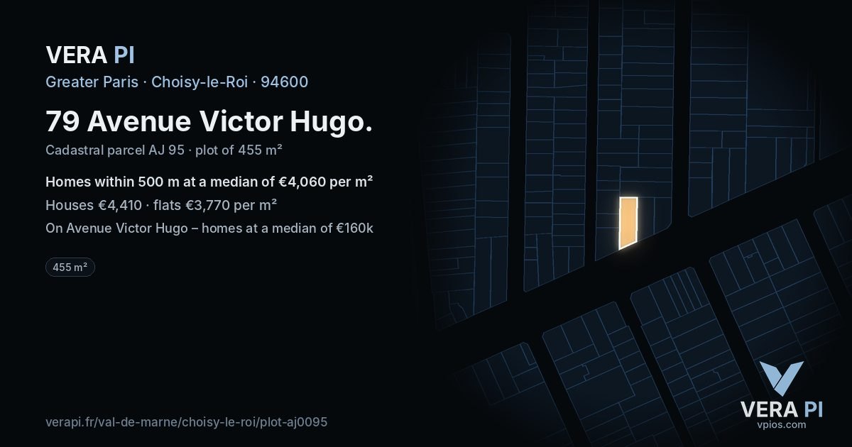 79 Avenue Victor Hugo, Choisy-le-Roi at night – the plot lit, the parcels around coloured by the prices near them