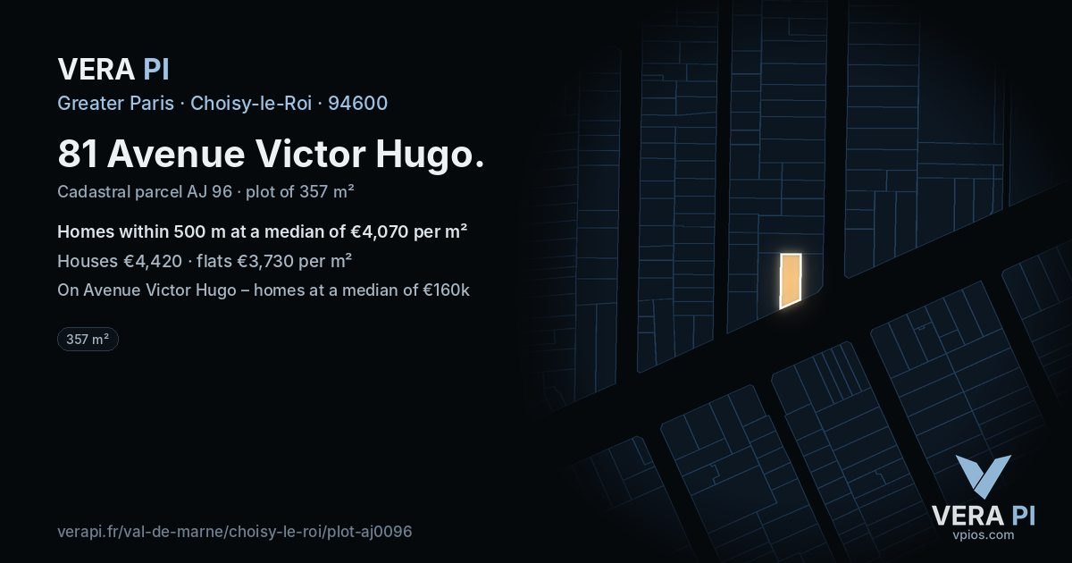 81 Avenue Victor Hugo, Choisy-le-Roi at night – the plot lit, the parcels around coloured by the prices near them