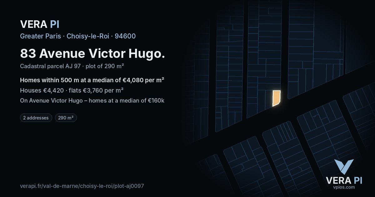 83 Avenue Victor Hugo, Choisy-le-Roi at night – the plot lit, the parcels around coloured by the prices near them