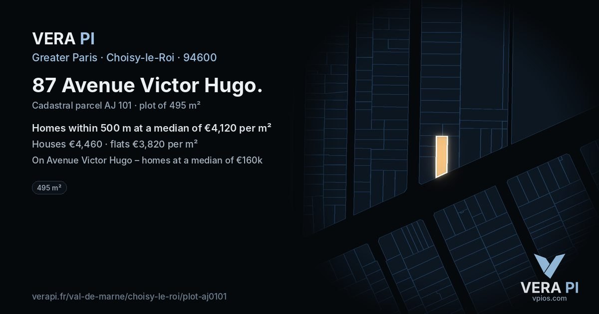87 Avenue Victor Hugo, Choisy-le-Roi at night – the plot lit, the parcels around coloured by the prices near them