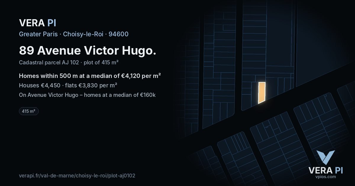 89 Avenue Victor Hugo, Choisy-le-Roi at night – the plot lit, the parcels around coloured by the prices near them