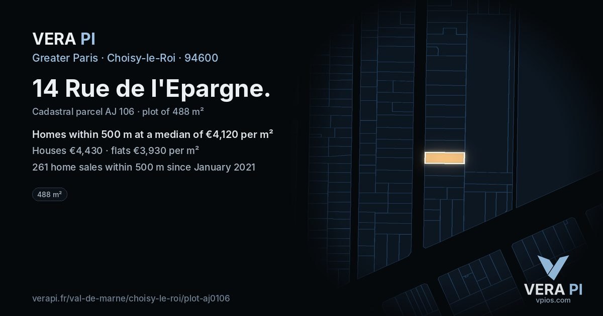 14 Rue de l'Epargne, Choisy-le-Roi at night – the plot lit, the parcels around coloured by the prices near them