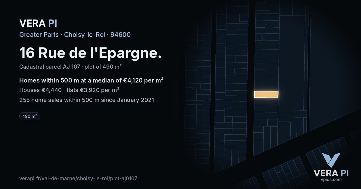 16 Rue de l'Epargne, Choisy-le-Roi at night – the plot lit, the parcels around coloured by the prices near them
