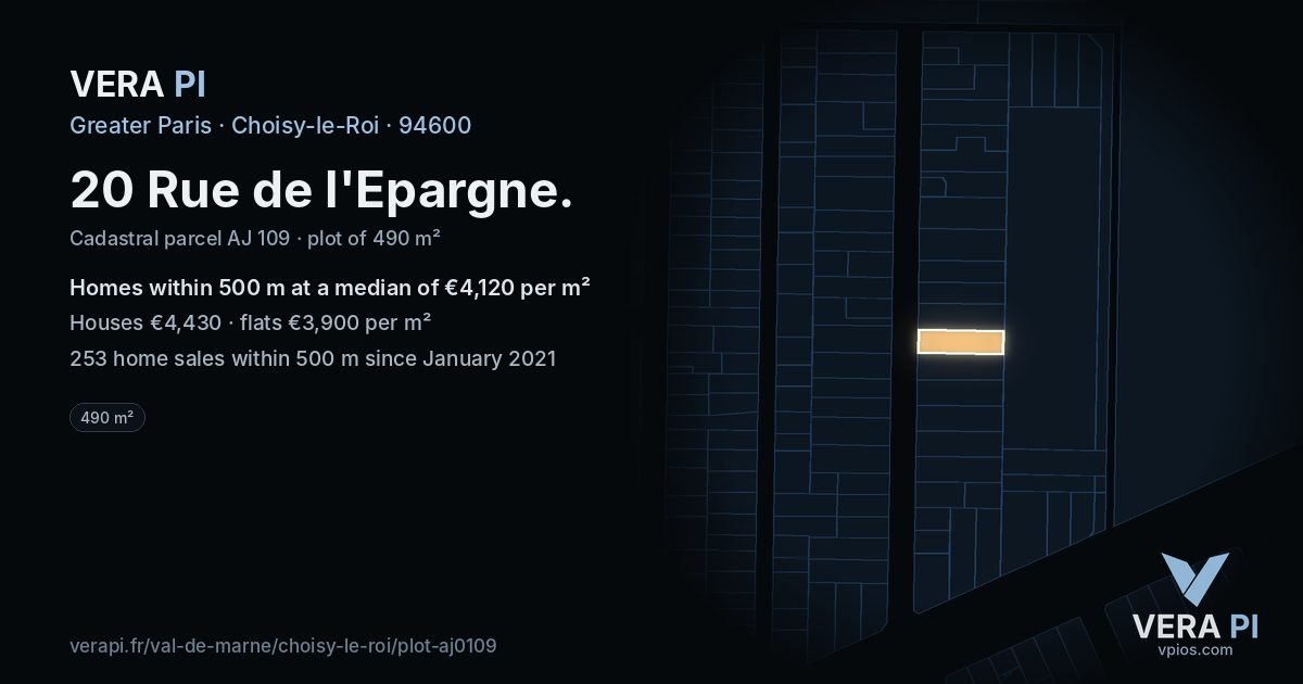 20 Rue de l'Epargne, Choisy-le-Roi at night – the plot lit, the parcels around coloured by the prices near them