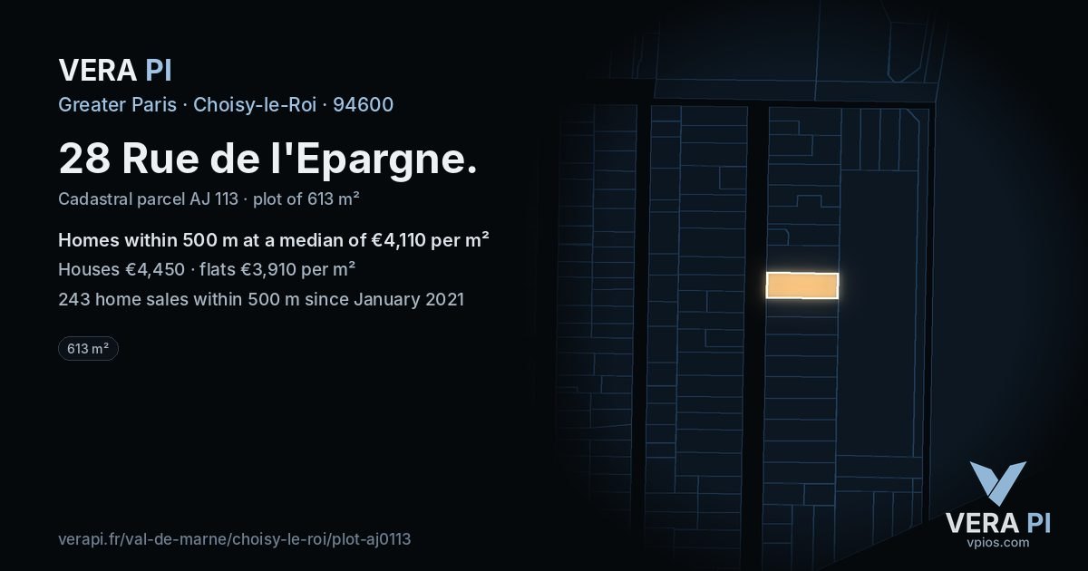 28 Rue de l'Epargne, Choisy-le-Roi at night – the plot lit, the parcels around coloured by the prices near them