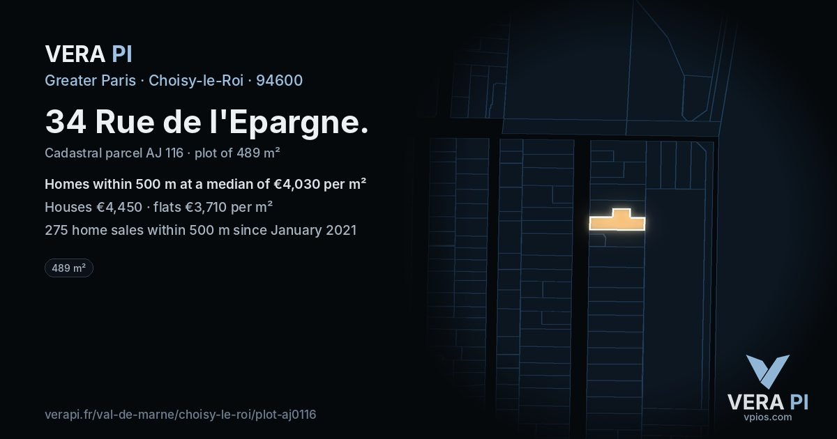 34 Rue de l'Epargne, Choisy-le-Roi at night – the plot lit, the parcels around coloured by the prices near them
