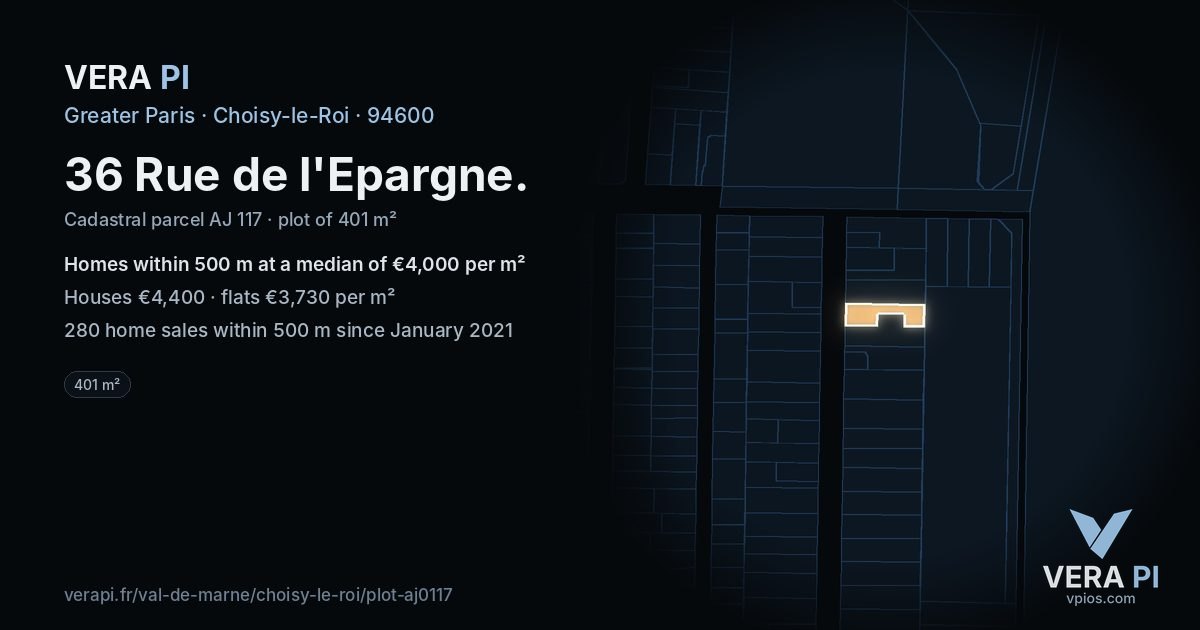 36 Rue de l'Epargne, Choisy-le-Roi at night – the plot lit, the parcels around coloured by the prices near them