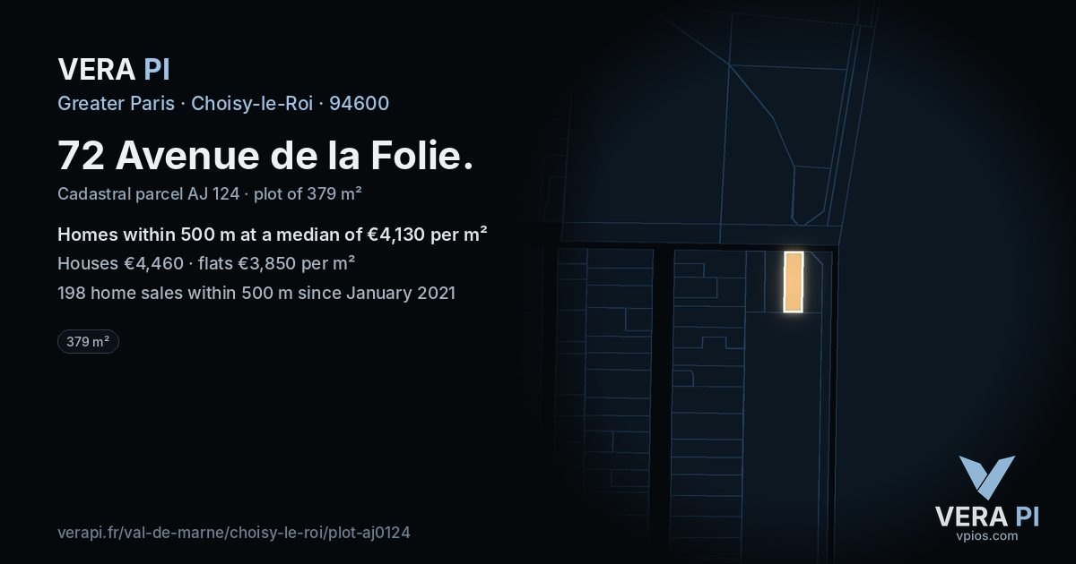 72 Avenue de la Folie, Choisy-le-Roi at night – the plot lit, the parcels around coloured by the prices near them