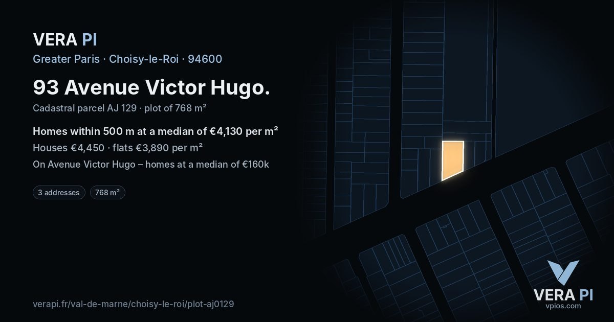 93 Avenue Victor Hugo, Choisy-le-Roi at night – the plot lit, the parcels around coloured by the prices near them