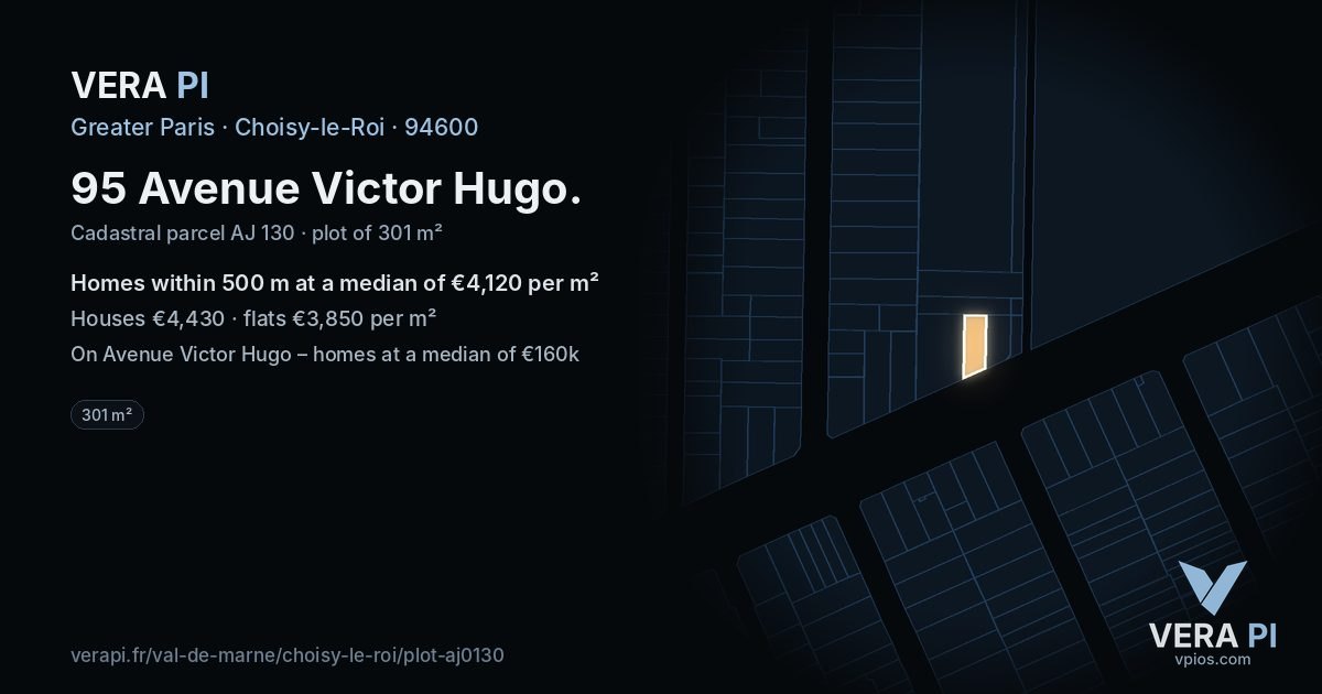 95 Avenue Victor Hugo, Choisy-le-Roi at night – the plot lit, the parcels around coloured by the prices near them