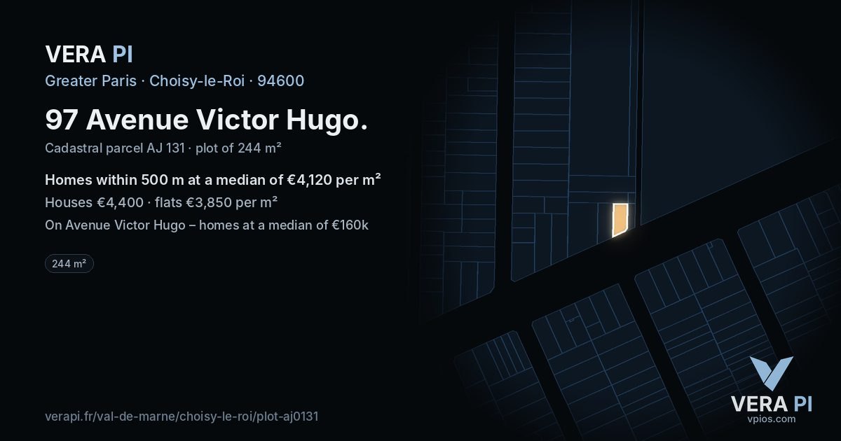 97 Avenue Victor Hugo, Choisy-le-Roi at night – the plot lit, the parcels around coloured by the prices near them