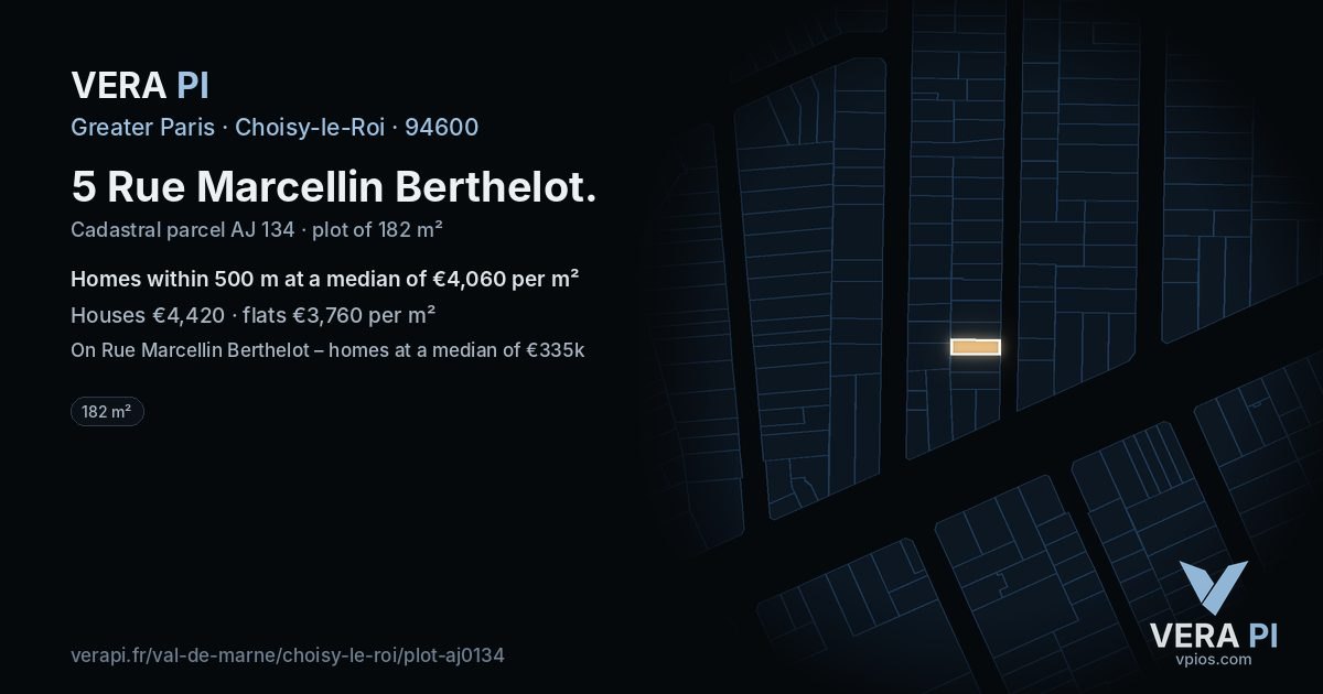 5 Rue Marcellin Berthelot, Choisy-le-Roi at night – the plot lit, the parcels around coloured by the prices near them