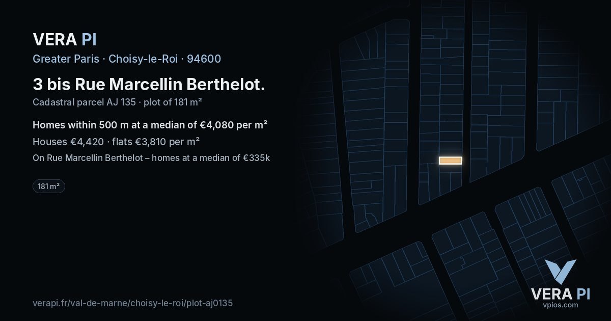 3 bis Rue Marcellin Berthelot, Choisy-le-Roi at night – the plot lit, the parcels around coloured by the prices near them