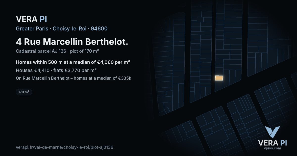 4 Rue Marcellin Berthelot, Choisy-le-Roi at night – the plot lit, the parcels around coloured by the prices near them