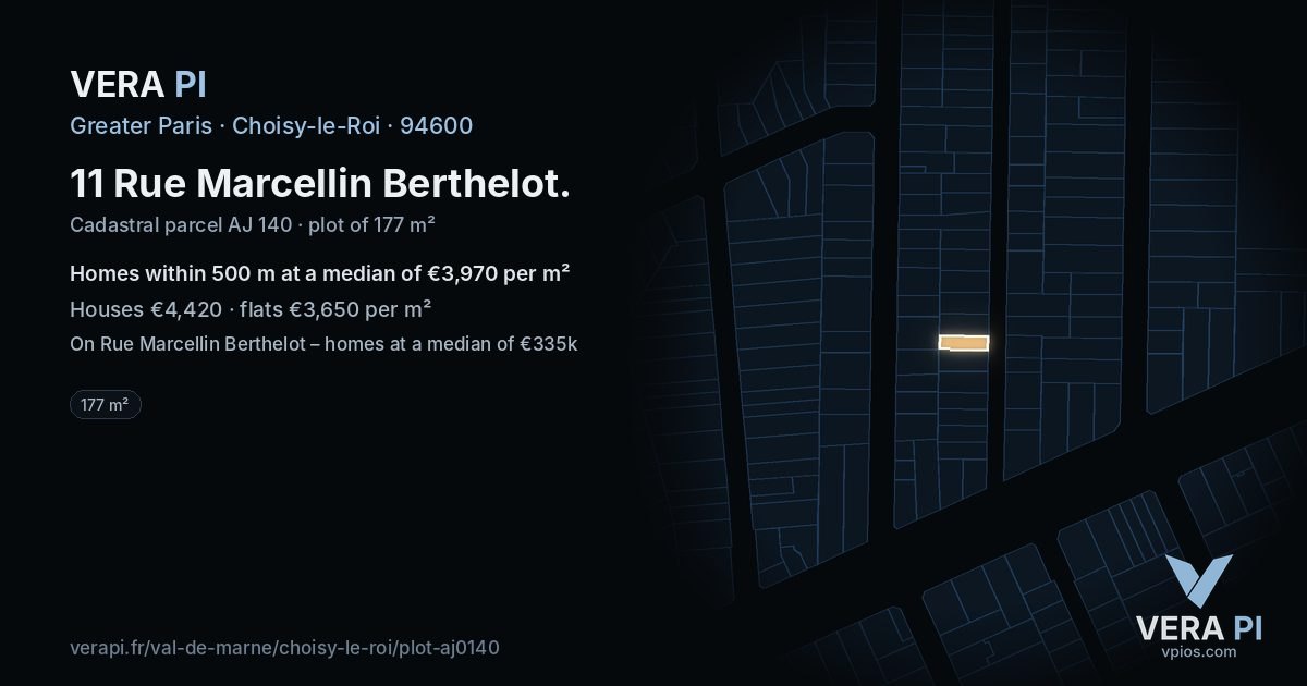 11 Rue Marcellin Berthelot, Choisy-le-Roi at night – the plot lit, the parcels around coloured by the prices near them