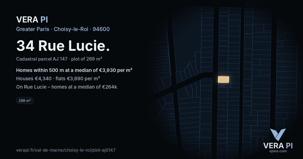 34 Rue Lucie, Choisy-le-Roi at night – the plot lit, the parcels around coloured by the prices near them