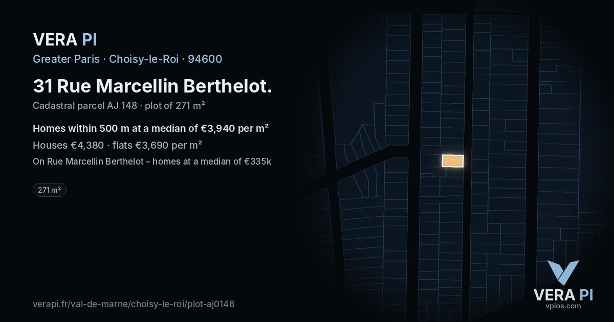31 Rue Marcellin Berthelot, Choisy-le-Roi at night – the plot lit, the parcels around coloured by the prices near them