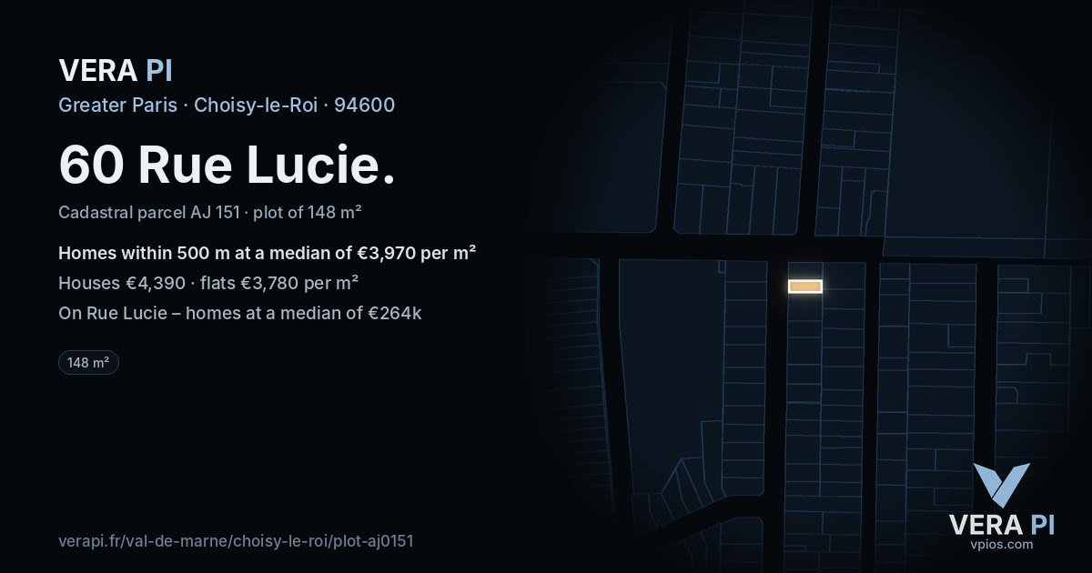 60 Rue Lucie, Choisy-le-Roi at night – the plot lit, the parcels around coloured by the prices near them