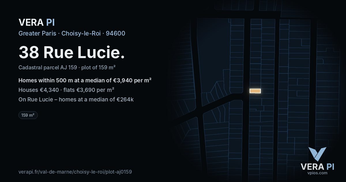 38 Rue Lucie, Choisy-le-Roi at night – the plot lit, the parcels around coloured by the prices near them
