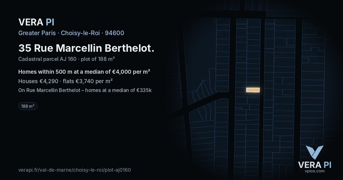 35 Rue Marcellin Berthelot, Choisy-le-Roi at night – the plot lit, the parcels around coloured by the prices near them