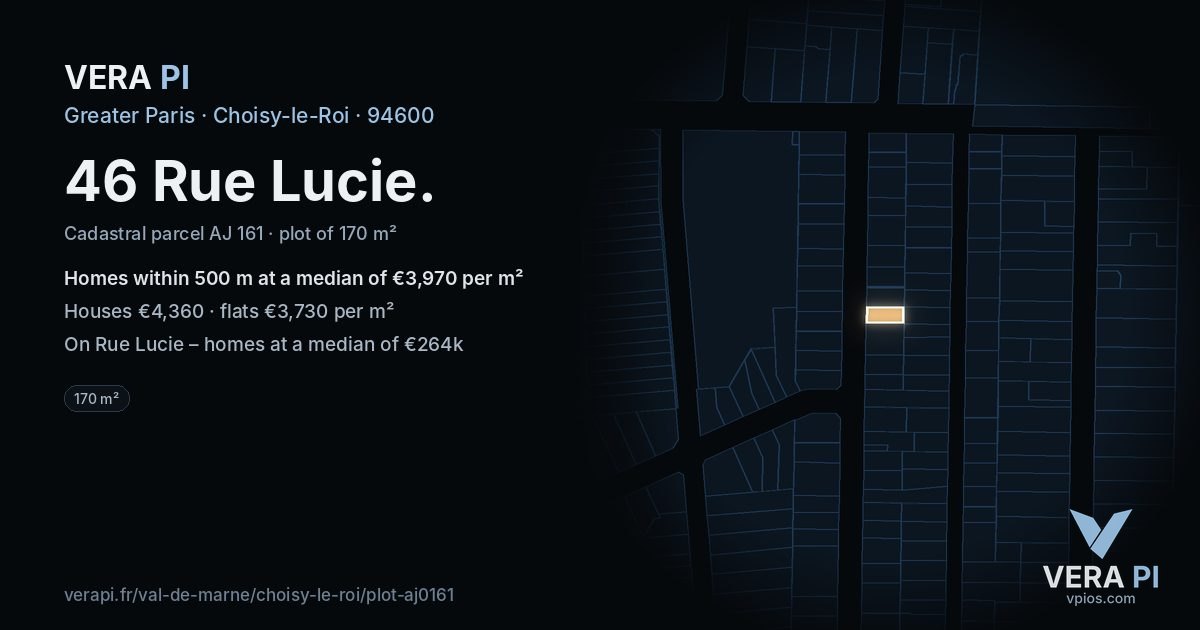 46 Rue Lucie, Choisy-le-Roi at night – the plot lit, the parcels around coloured by the prices near them