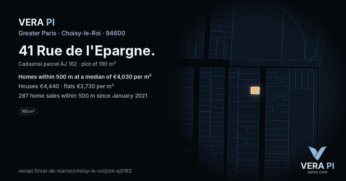 41 Rue de l'Epargne, Choisy-le-Roi at night – the plot lit, the parcels around coloured by the prices near them