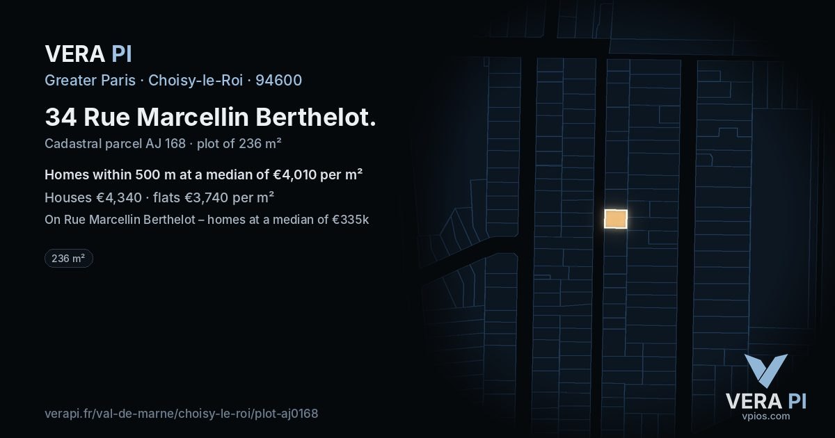 34 Rue Marcellin Berthelot, Choisy-le-Roi at night – the plot lit, the parcels around coloured by the prices near them
