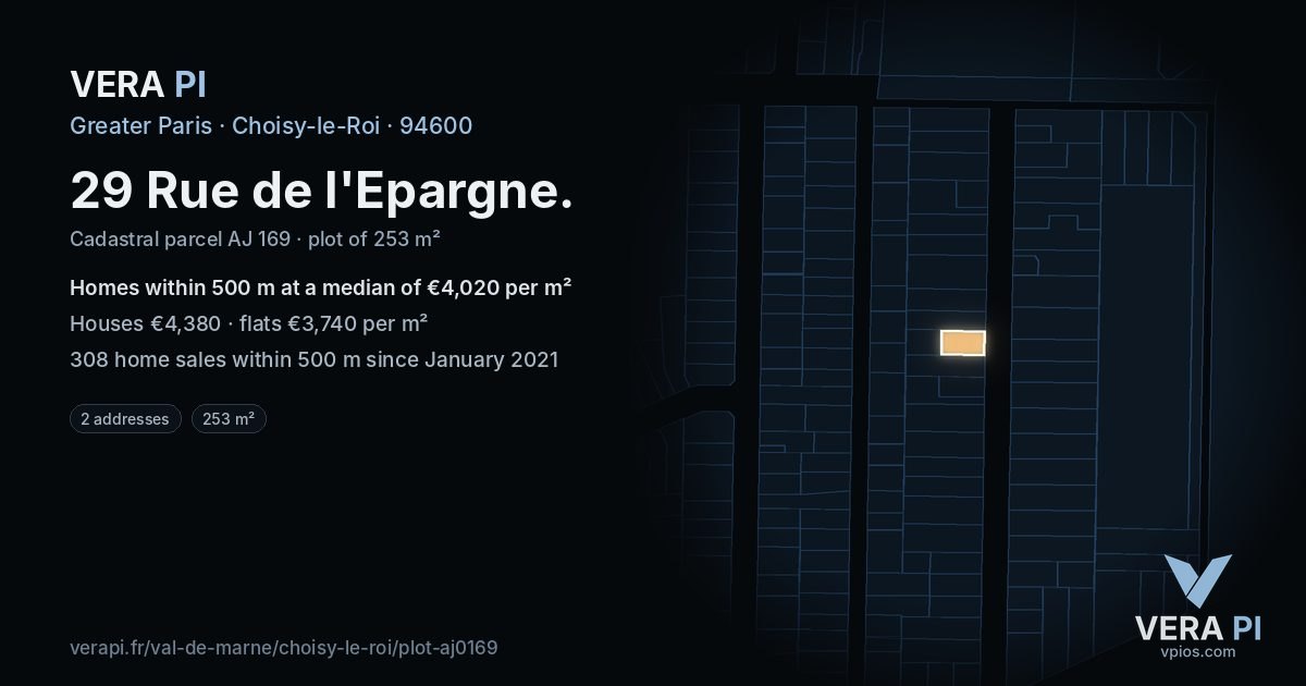 29 Rue de l'Epargne, Choisy-le-Roi at night – the plot lit, the parcels around coloured by the prices near them