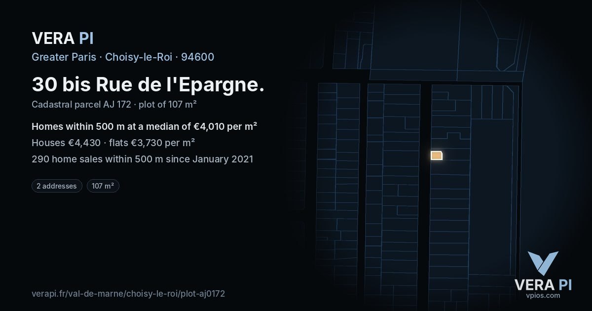 30 bis Rue de l'Epargne, Choisy-le-Roi at night – the plot lit, the parcels around coloured by the prices near them
