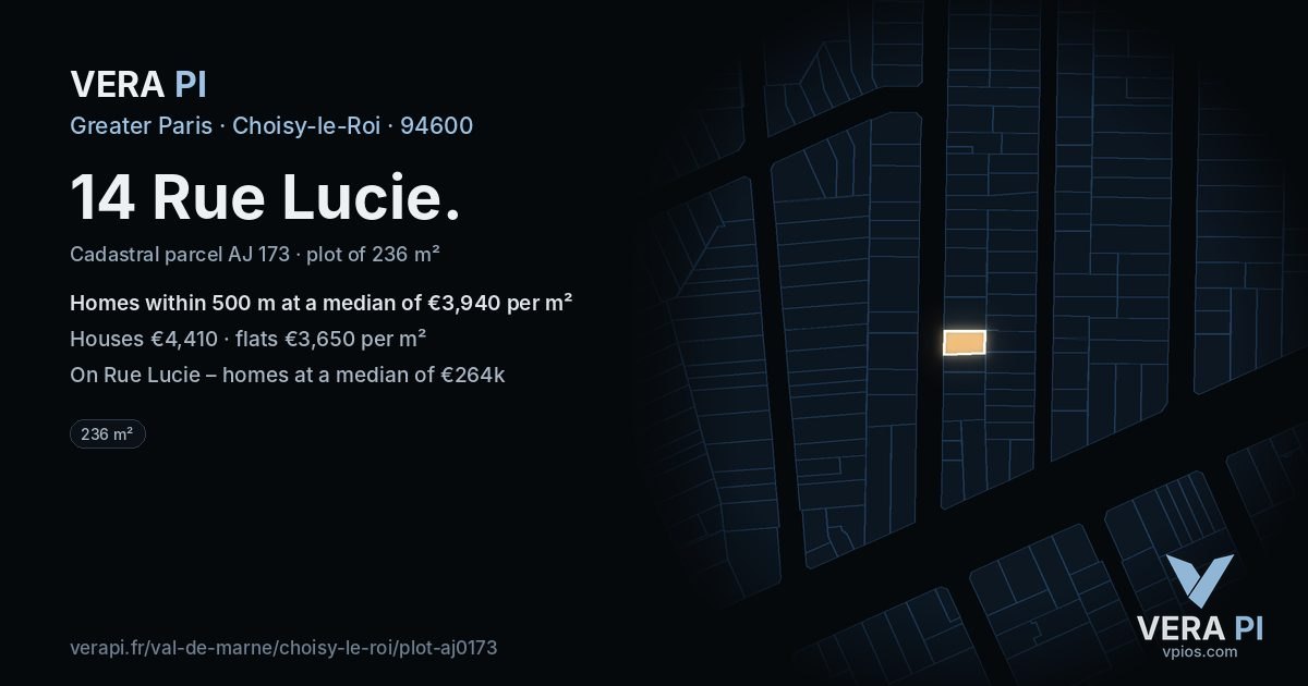 14 Rue Lucie, Choisy-le-Roi at night – the plot lit, the parcels around coloured by the prices near them