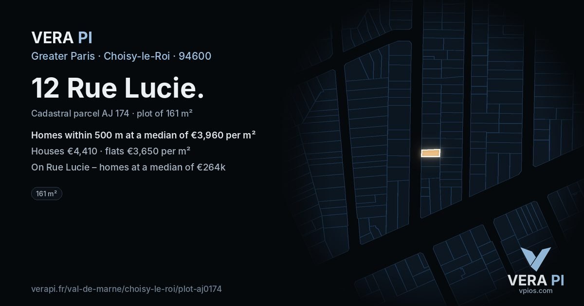 12 Rue Lucie, Choisy-le-Roi at night – the plot lit, the parcels around coloured by the prices near them