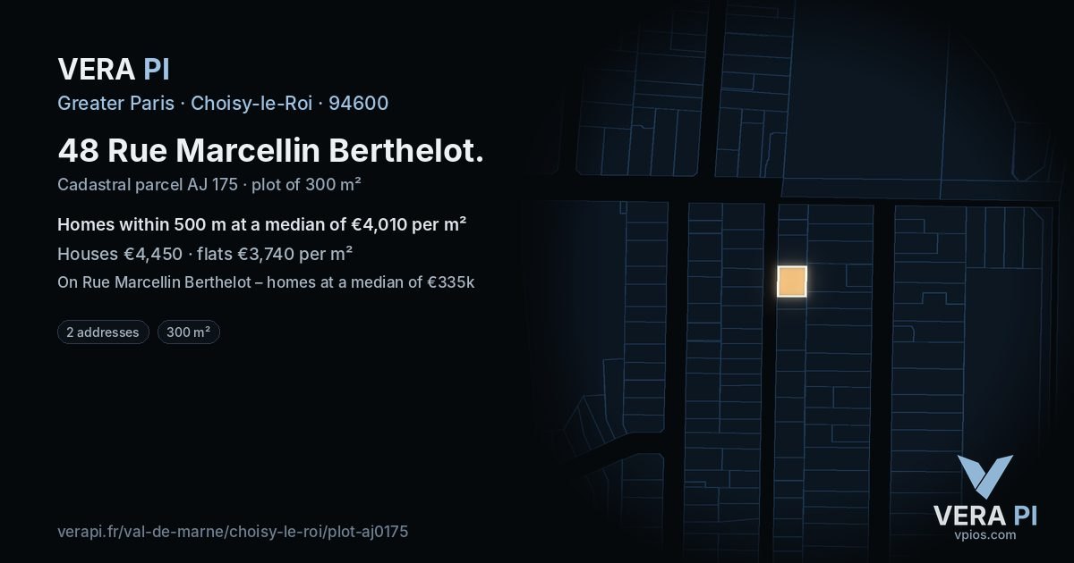 48 Rue Marcellin Berthelot, Choisy-le-Roi at night – the plot lit, the parcels around coloured by the prices near them