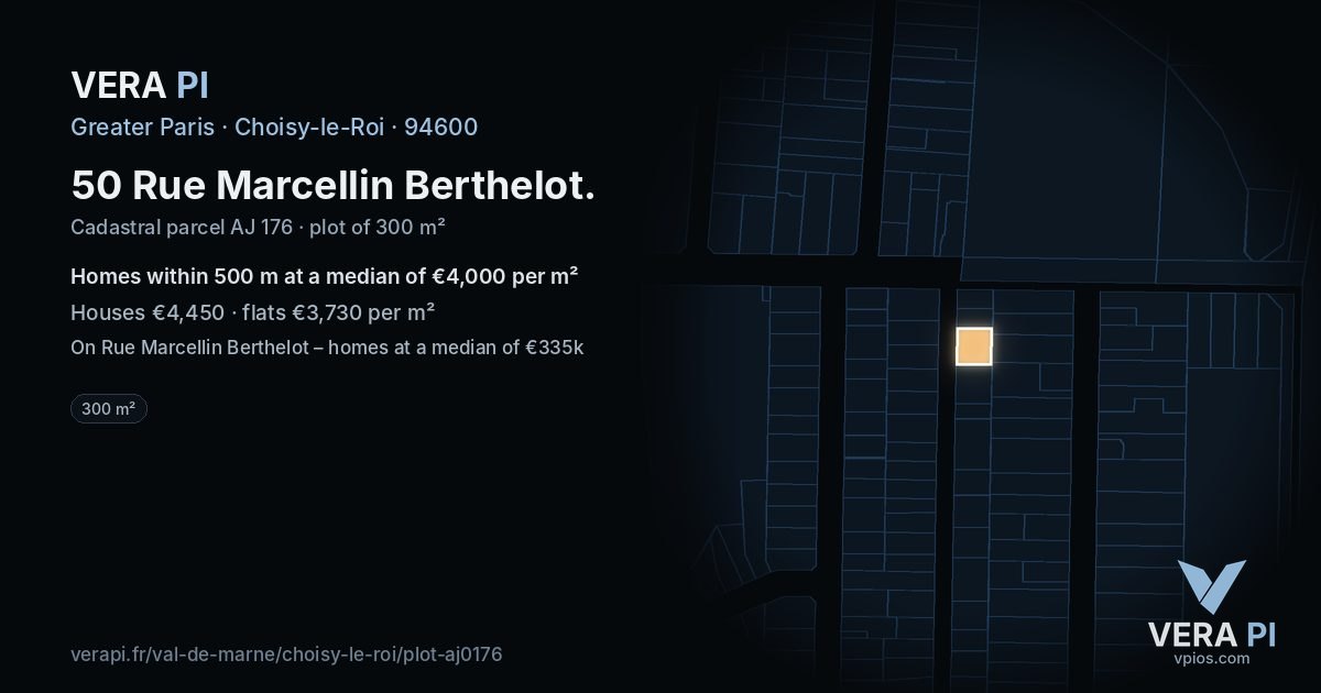 50 Rue Marcellin Berthelot, Choisy-le-Roi at night – the plot lit, the parcels around coloured by the prices near them