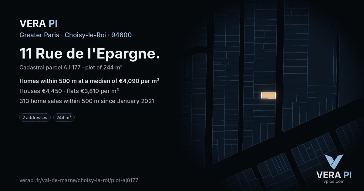 11 Rue de l'Epargne, Choisy-le-Roi at night – the plot lit, the parcels around coloured by the prices near them