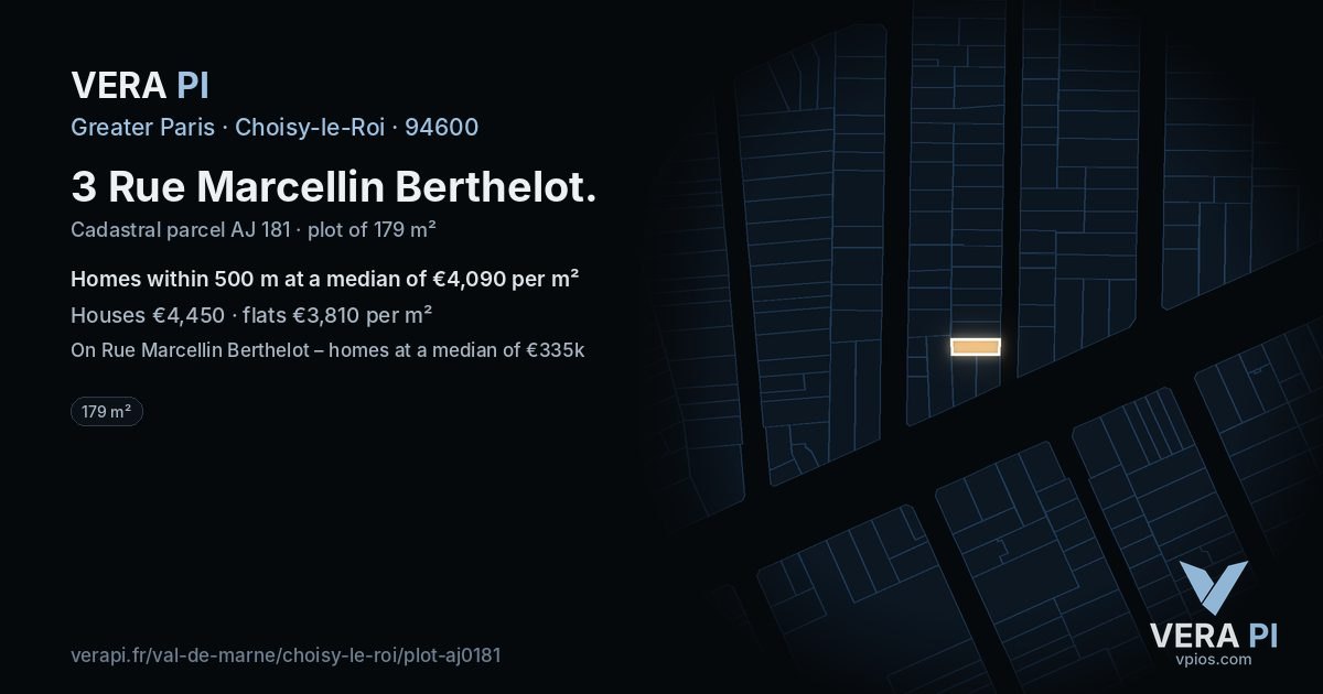 3 Rue Marcellin Berthelot, Choisy-le-Roi at night – the plot lit, the parcels around coloured by the prices near them